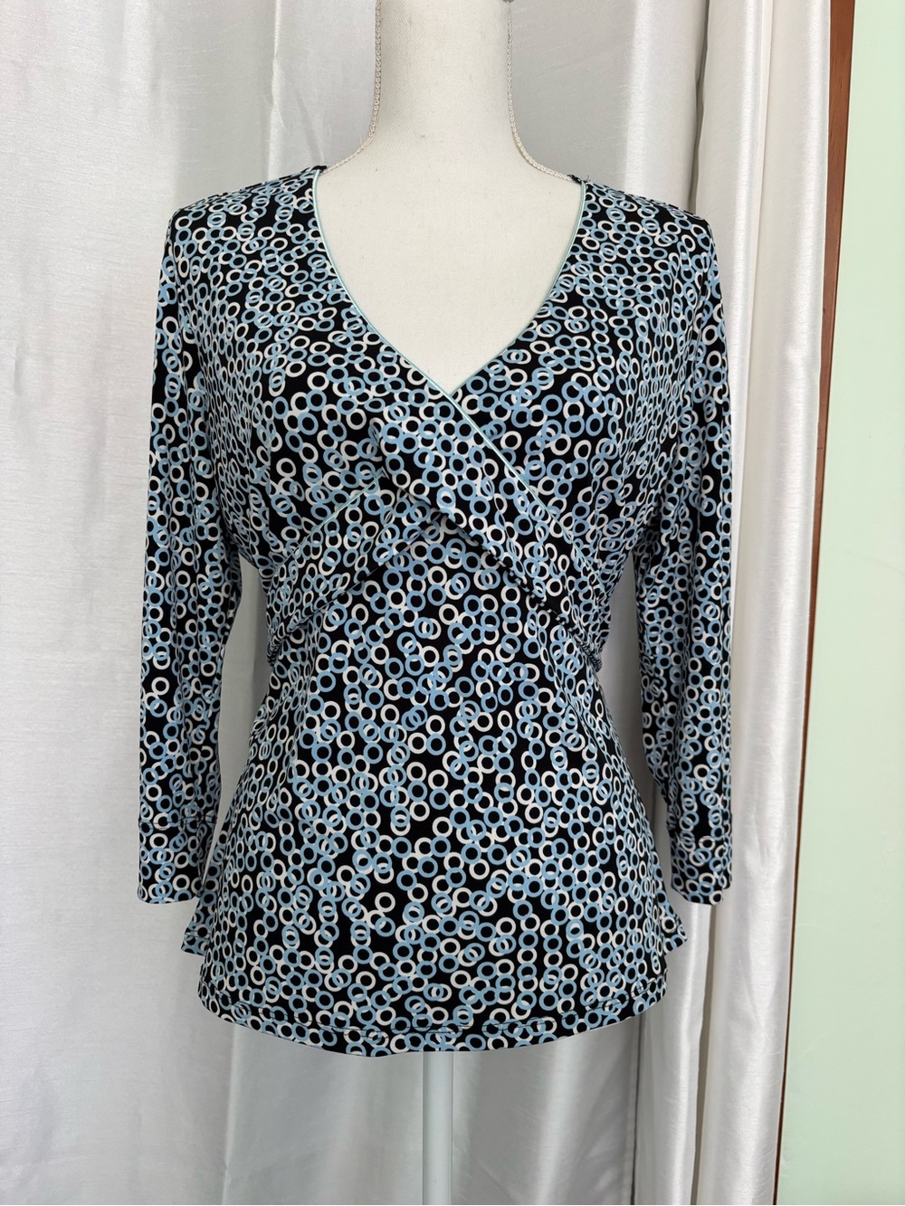 Womens Wrap-Style Top Large geometric print black light blue